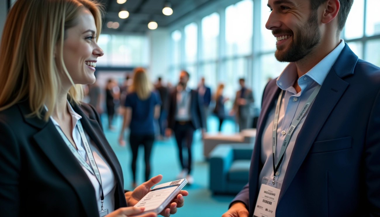Two professionals wearing conference name badges engaging in conversation at a busy event venue.